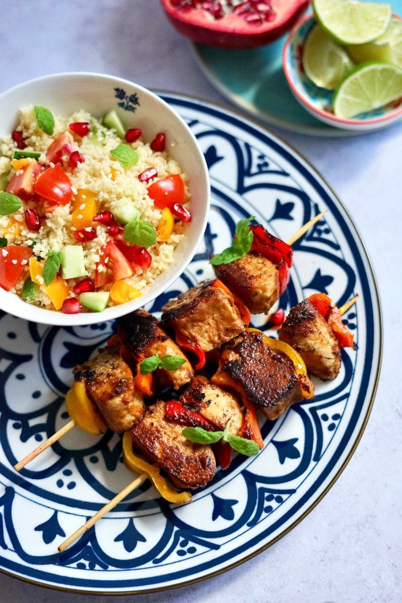 chicken kebab dish made with mycoprotein