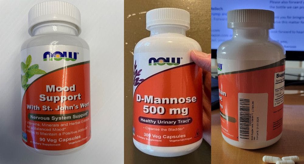 Pictured: Counterfeit supplements NOW said were sold on Amazon.com. Photo from NOW.