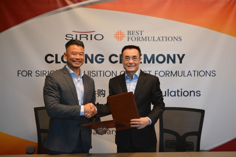 Pictured: (left) Eugene C. Ung, CEO of Best Formulations LLC, and (right) Patrick Lin, Chairman and CEO of Sirio, at the closing ceremony for Sirio’s acquisition of Best Formulations. Photo from companies.