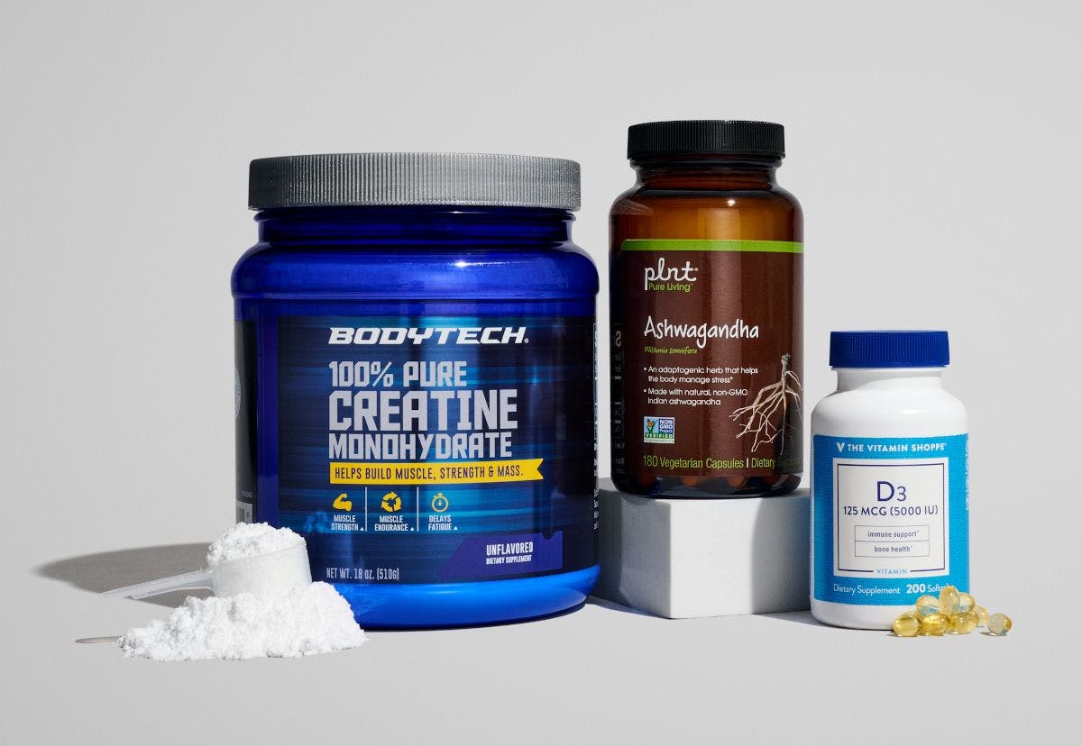 lineup of three The Vitamin Shoppe products, including BodyTech creatine, plnt Ashwagandha, and vitamin D3