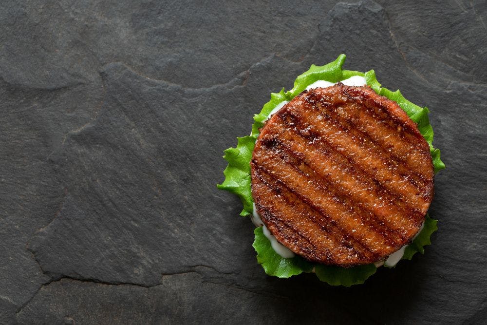 top view of grilled plant-based burger patty on bun.