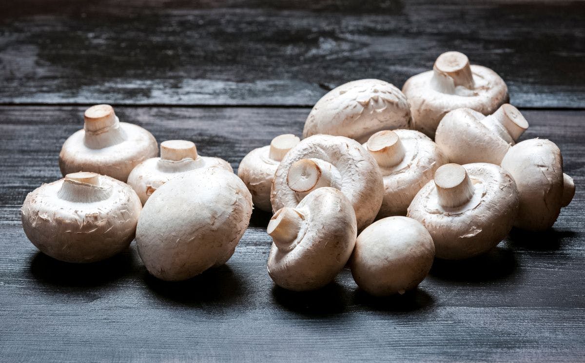 white agaricus mushrooms on wooden table