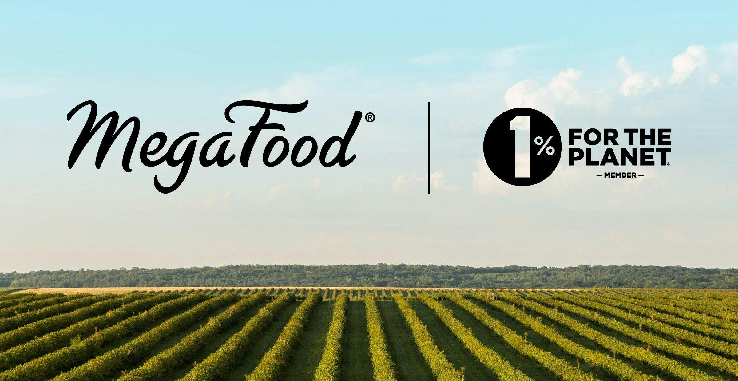 farmland with megafood and 1% for the planet logos