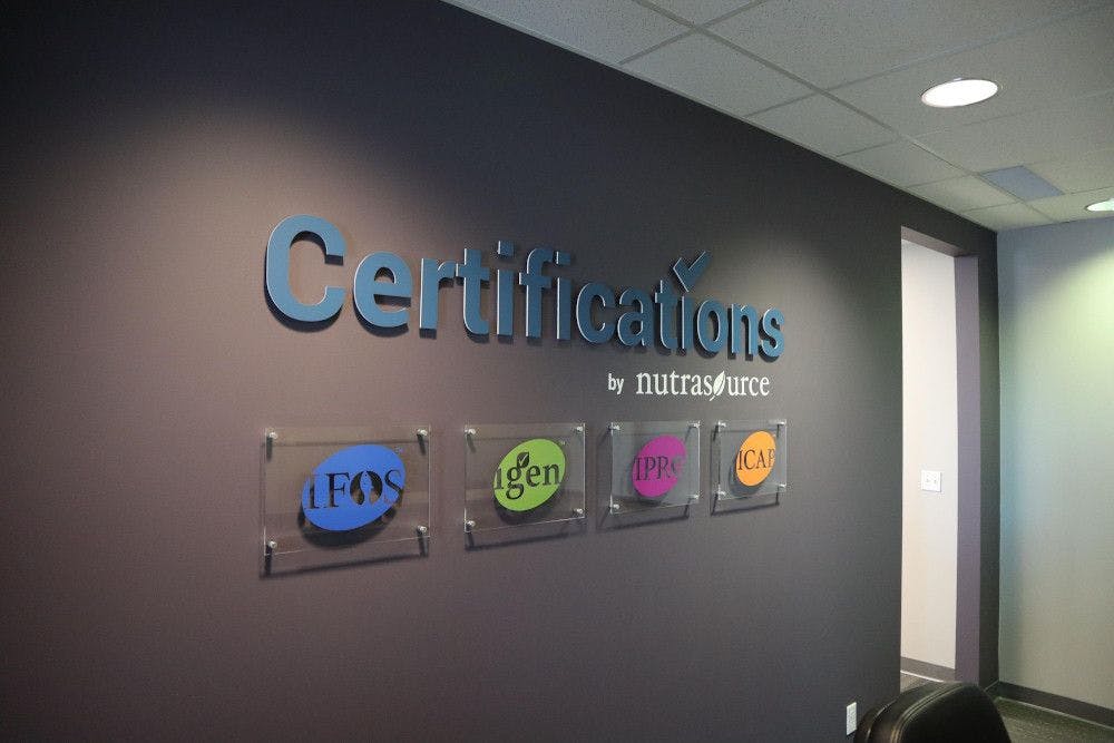 Certifications by Nutrasource Feature Wall in lobby. Image courtesy of Nutrasource.