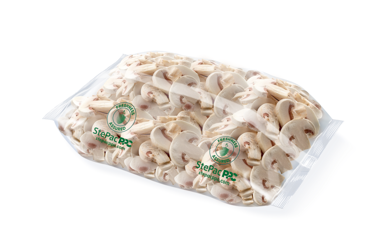 sliced button mushrooms in StePacPPC film packaging 
