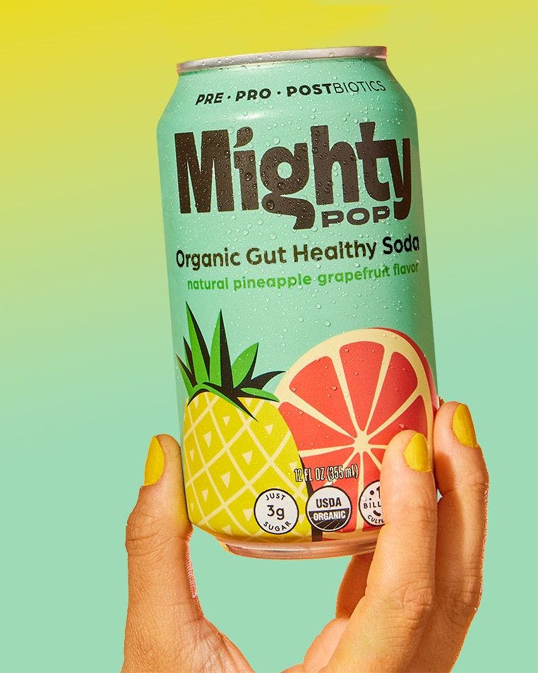 Mighty Pop soda contains prebiotics, probiotics, and postbiotics