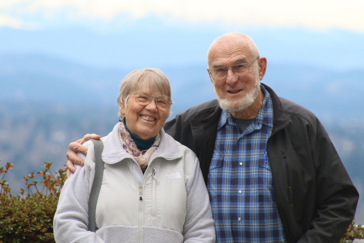 Andrew Clark, right, with his wife, Barbara, is among the first to enroll in a clinical trial at OHSU involving Centella asiatica, a botanical used in dietary supplements to improve memory. Clark, a retired State Veterinarian for Oregon who lives in Pendleton, says it’s important to be open about age-related cognitive impairment and wants to contribute to research improving the lives of others. (OHSU/Erik Robinson)